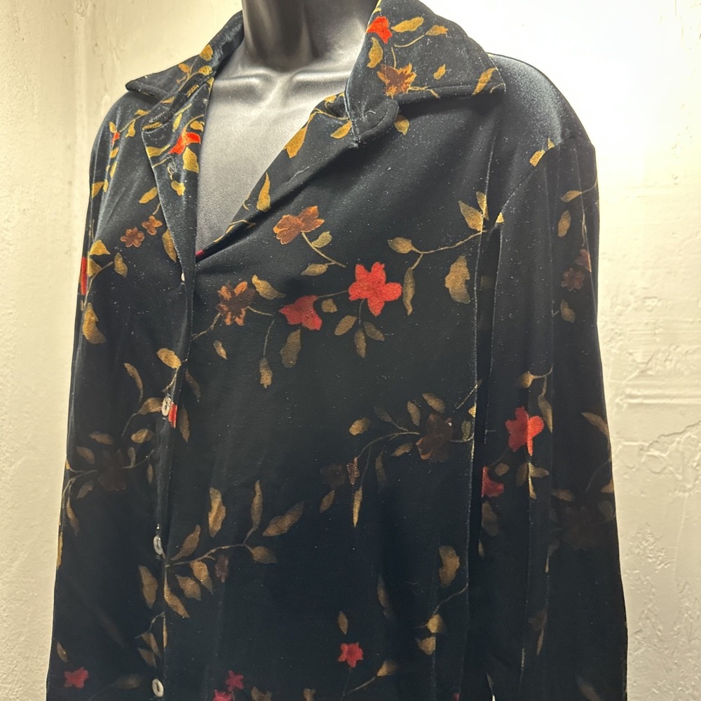 Studio JPR Velvet Floral Shirt Womens Small Black Orange Long Sleeve Excellent